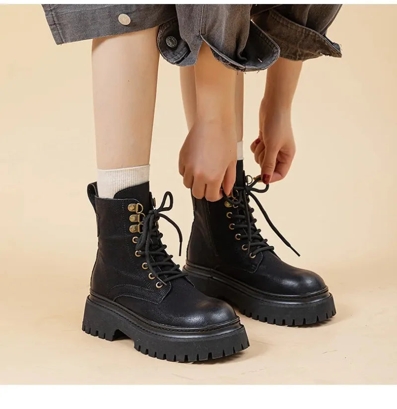 Women's Retro Genuine Leather Shoes - Stylish Rivet Short Boots