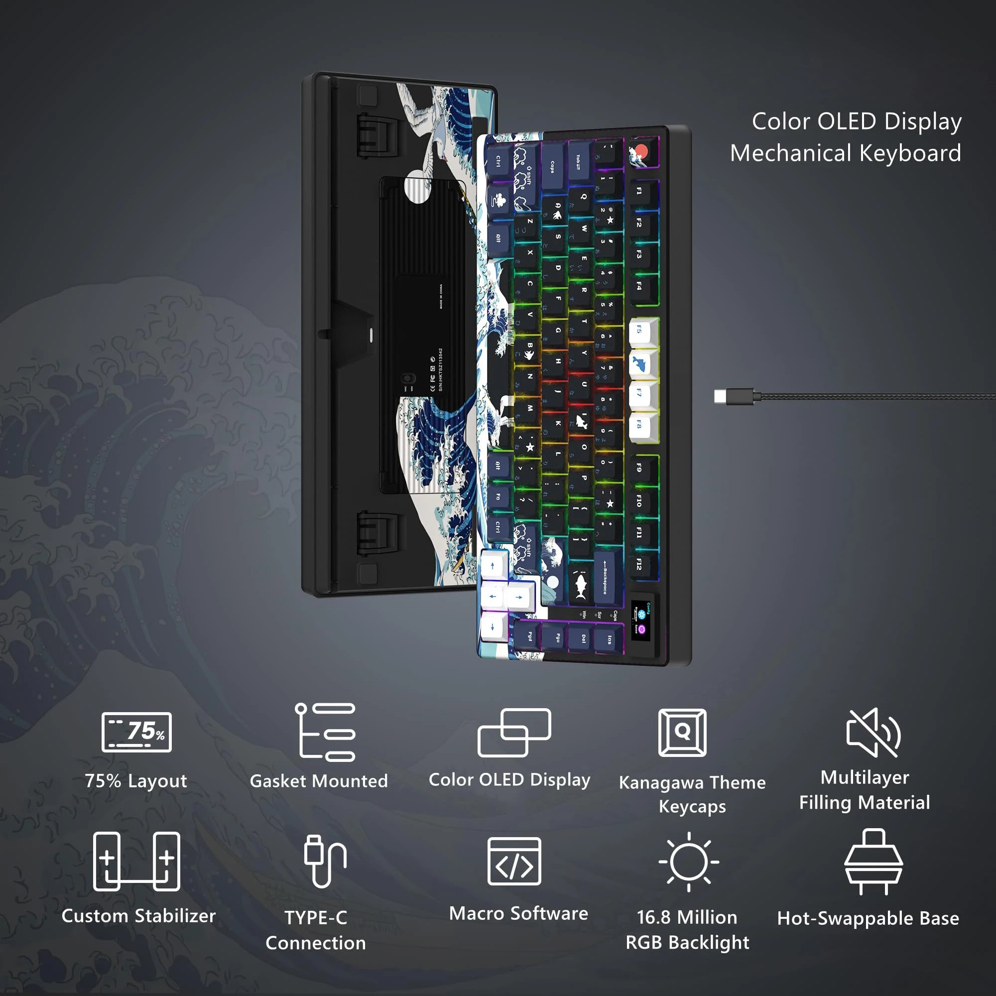OLED mechanical gaming keyboard, RGB LED, hot-swap, wired