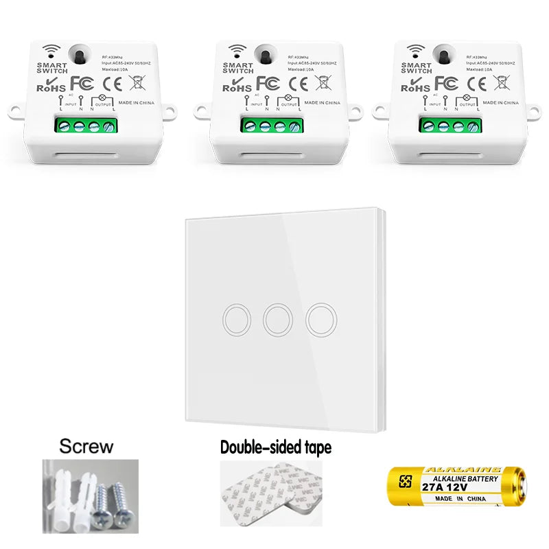 Wireless RF Smart Light Wall Switch with Remote Control Touch Wall Panel Mini Relay Receiver 110V 220V 10A (inlude battery)