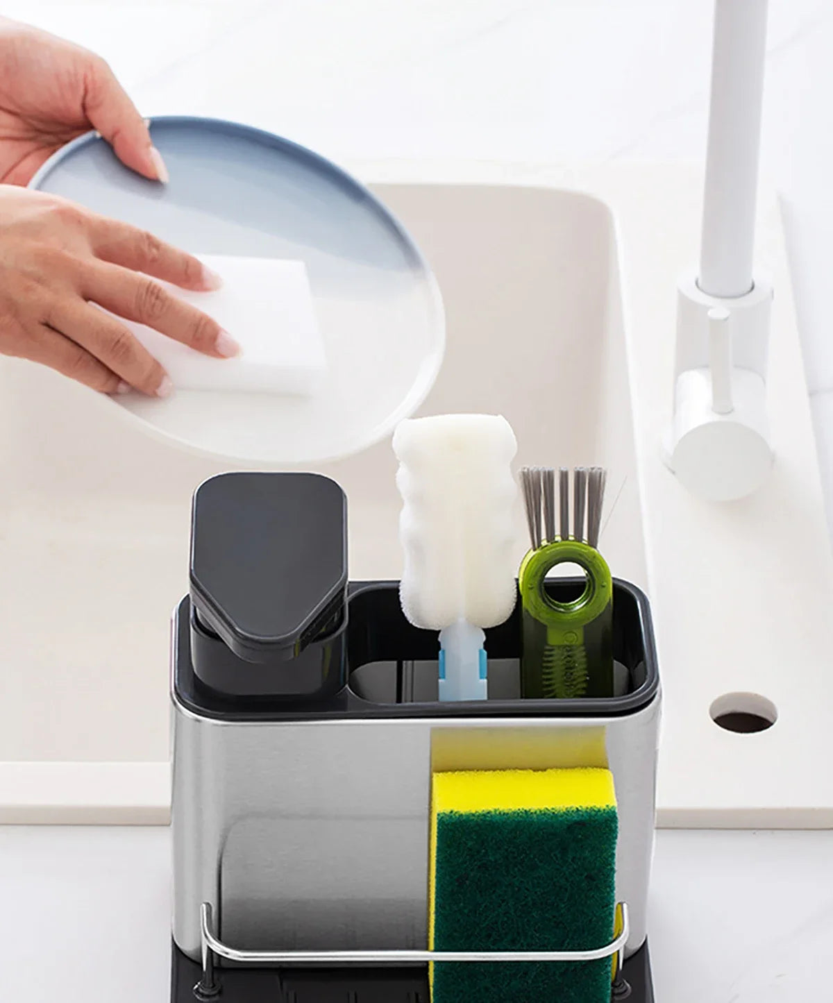 3-in-1 Stainless Steel Dishwashing Liquid Rack, Compact and Convenient for the Kitchen