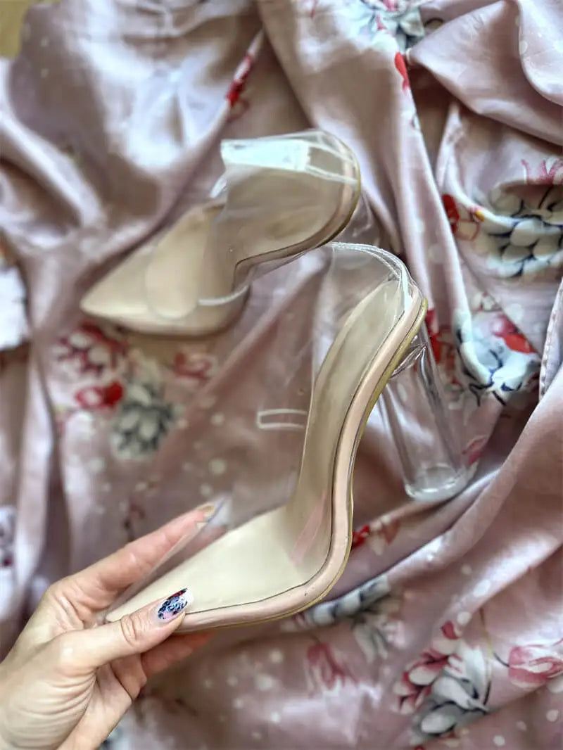 Onlymaker Women Pointed Toe PVC Clear High Heels Pumps Buckle Chunky Transparent Strip Big Size Summer Pumps