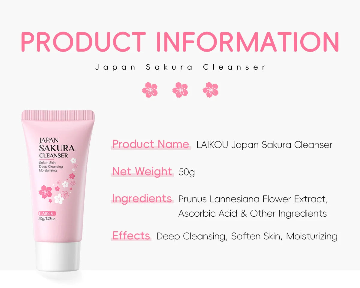 LAIKOU Sakura Facial Cleanser Foam Face Wash Remove Blackhead Moisturizing Shrink Pores Deep Cleaning Oil Control Skin Care 50g