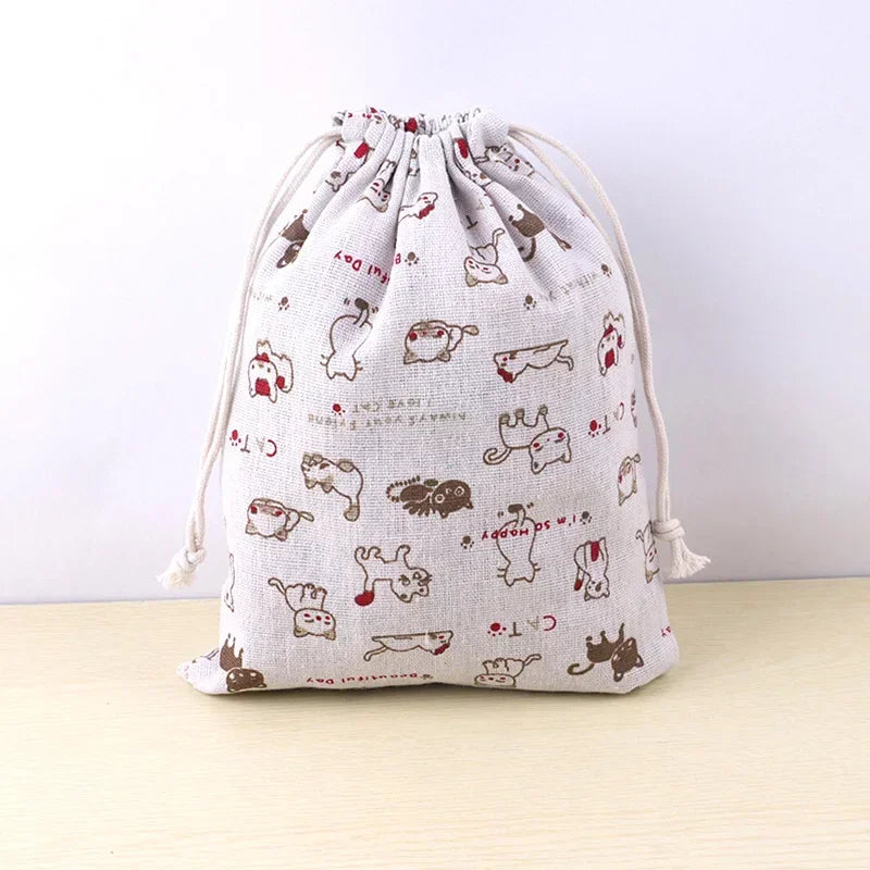 Cotton Linen Drawstring Bag with Lovely Animal and Tree Print