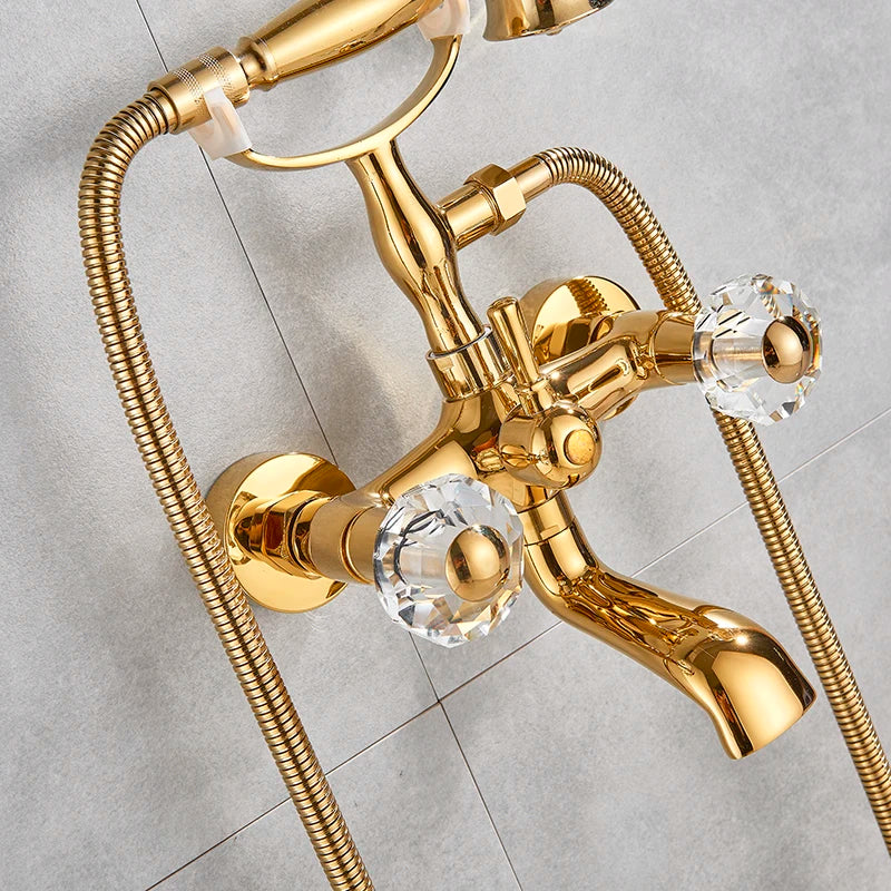 Telephone Style Golden Waterfall Bathtub Faucet Bathroom Brass Bath Faucets Waterfall Rotatb Spout Hot&amp;Cold water Shower tap set