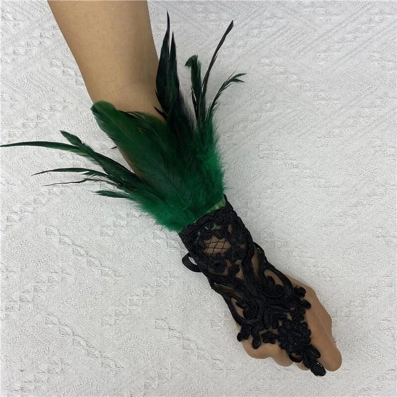 Mesh Gloves Women Halloween Lolita Cosplay Y2k Feather Cuffs Fingerless Mittens Lace Black Long Rave Accessories Feather Apparel - Daisan Mart