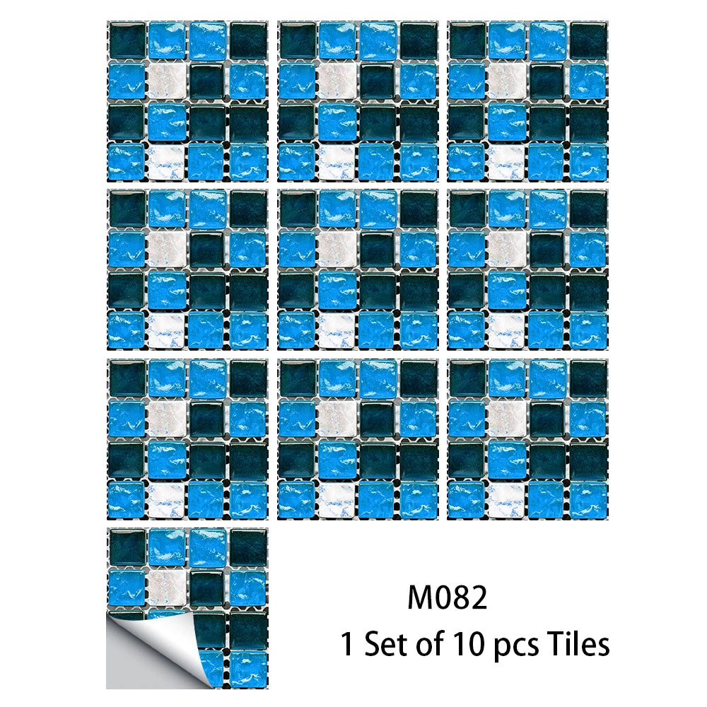 10pcs Flat Mosaic Style Tiles Sticker Kitchen Bathroom Waterproof &amp; Oilproof Art Wall Sticker Peel &amp; Stick Surface Glossy Film