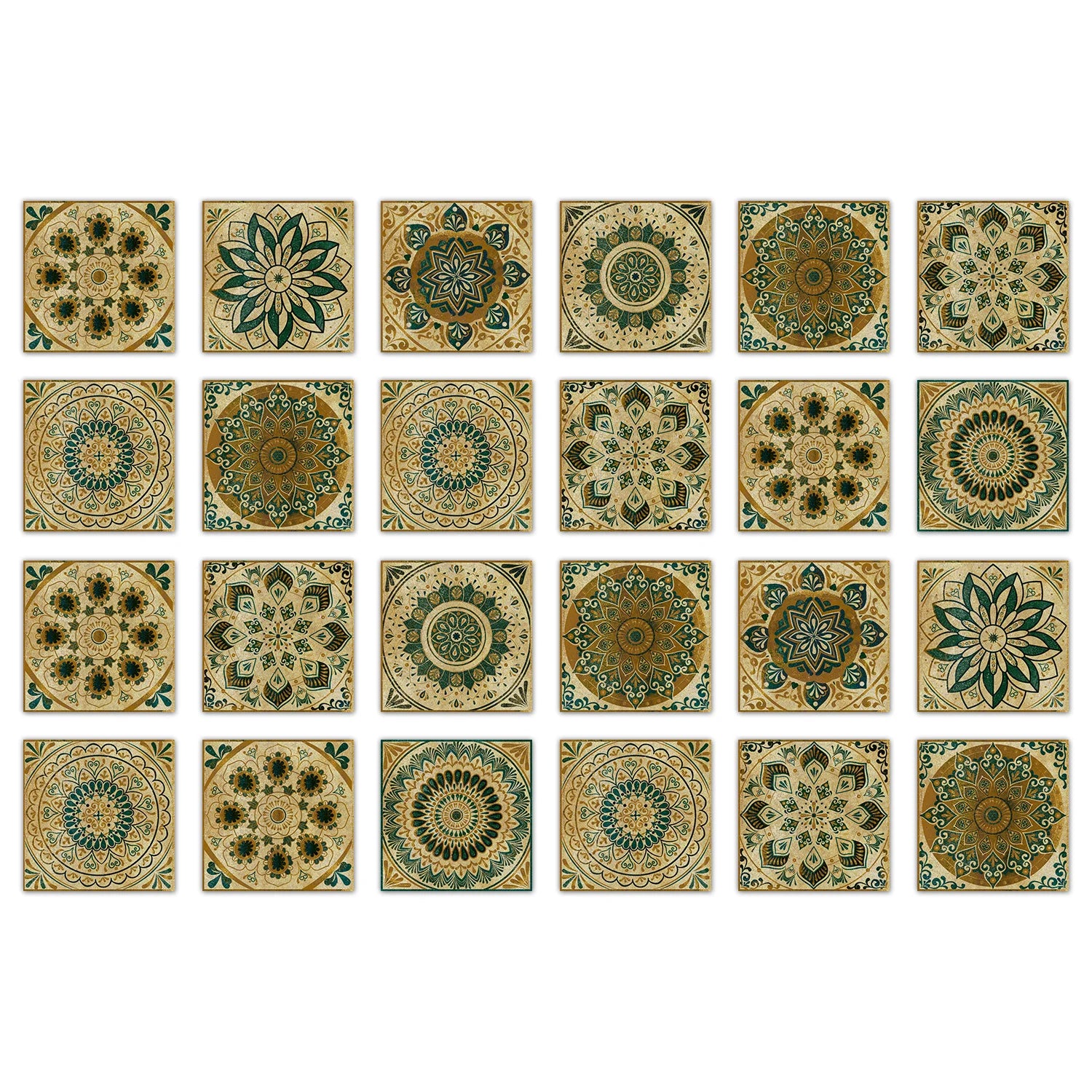 24 pieces of Mandala Pattern Glossy Self-adhesive Tile Stickers for Kitchen and Bathroom Removable Waterproof 3D Wall Decal