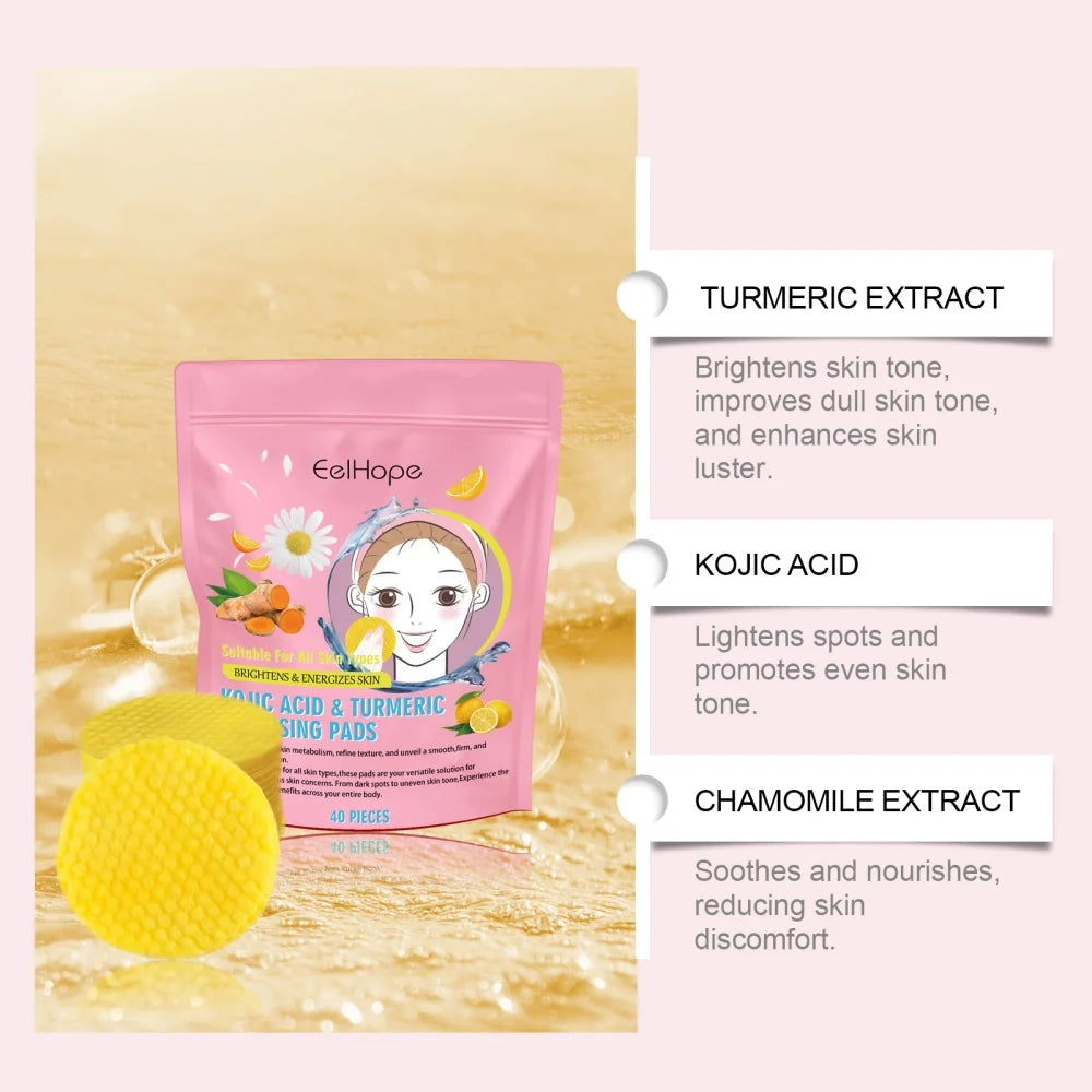 Turmeric Face Cleanser 40pcs Turmeric Kojic Acid Facial Exfoliating Cleansing Pads Reduce Dark Spots Skin Brightening Face Wash