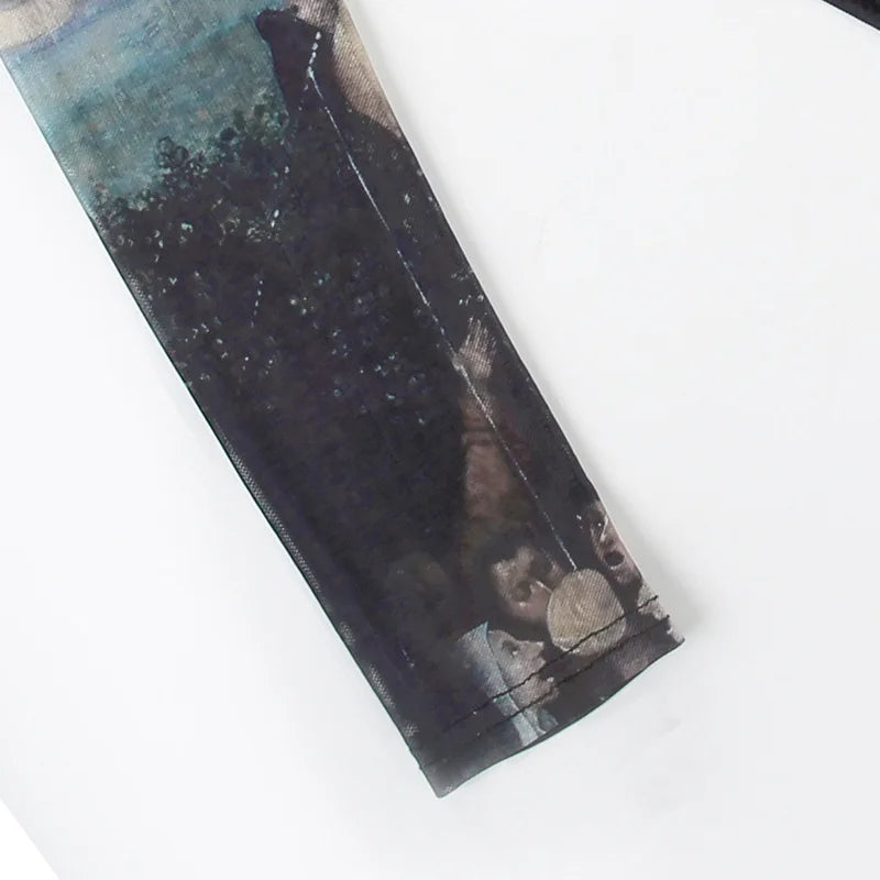 Goth Dark 90s Retro Print Mesh Long Sleeve Skinny Bodysuits Cyber ​​Y2K Sheer Tops Women Gothic Lace Patchwork Bodysuit Streetwear