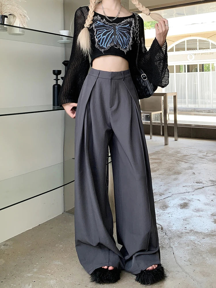 Office Suit Pants Floor Mop Pants For Women's Autumn Korean Version 2024 New High Waisted Design Loose Wide Leg Casual Pants - Daisan Mart