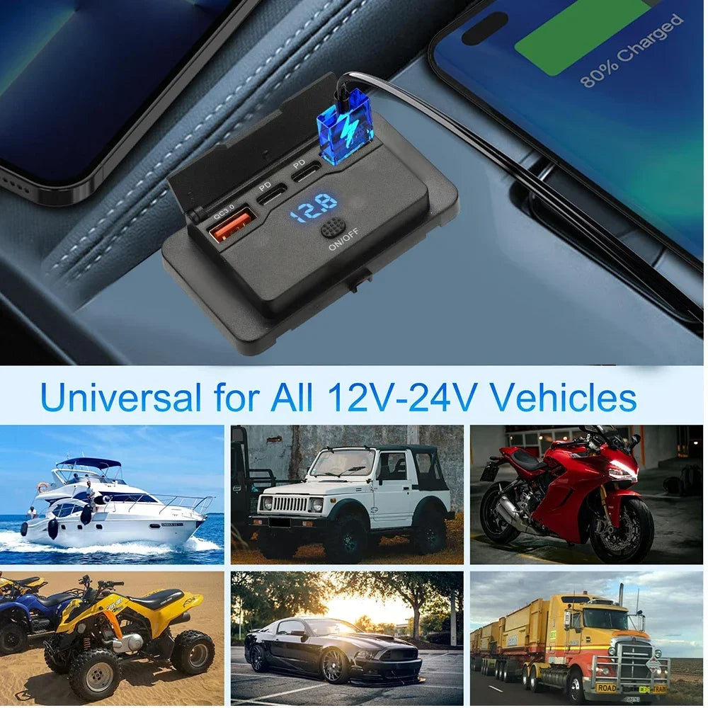 Car Charger Socket Adapter with Switch, 2-4-Ports Charging Splitter, Outlet for Bus, RV, ATV,Truck,Boat,Outlet,12V,24V, PD,QC3.0