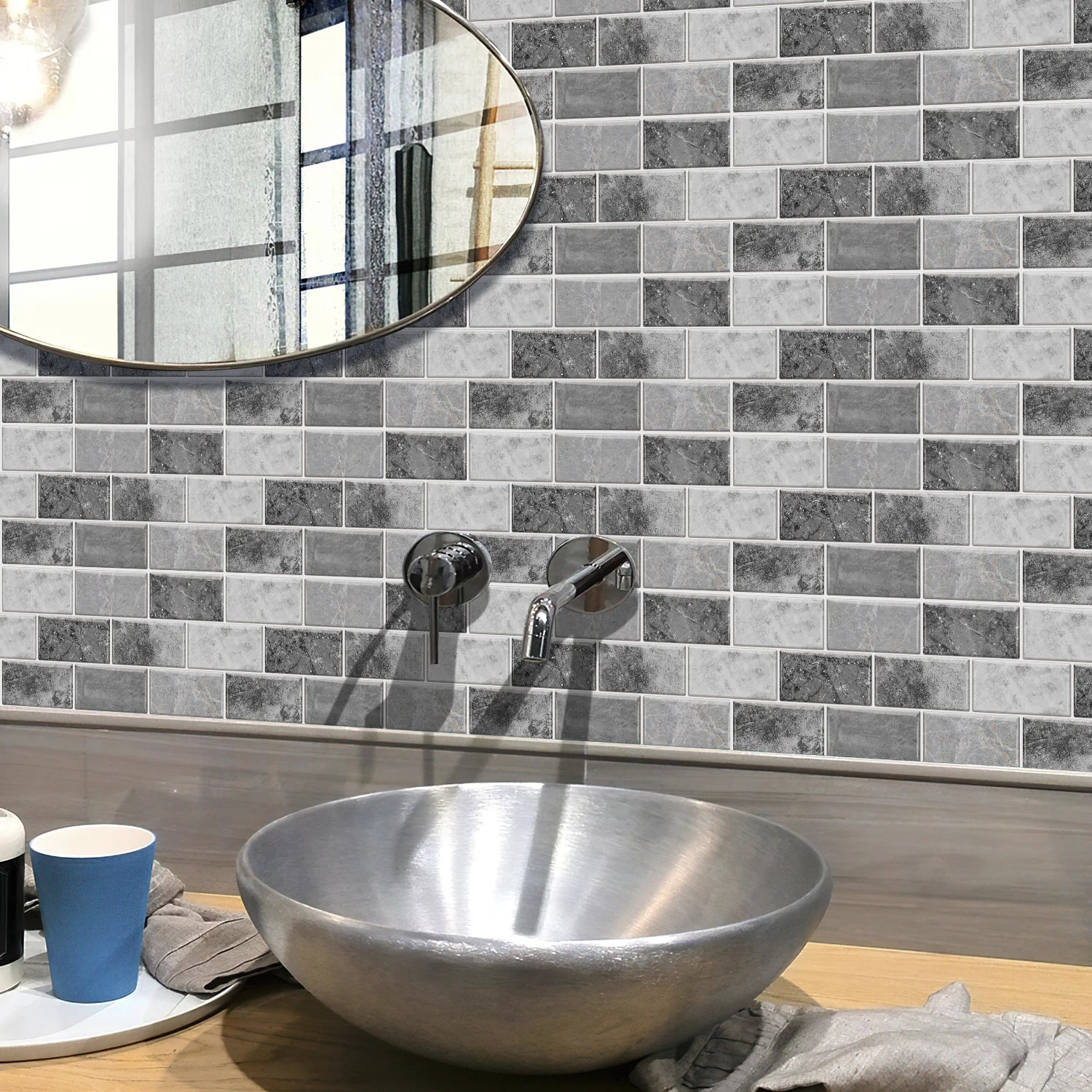 Waterproof Self Adhesive Removable 3D DIY Modern Grayish White Marble Tile Wall Sticker Bathroom Kitchen Cupboard Home Decor