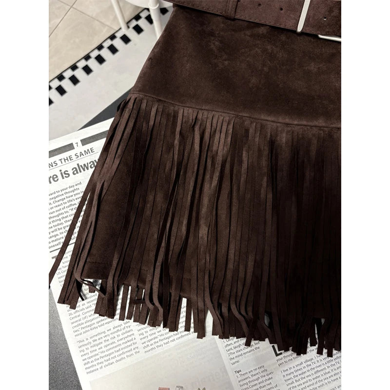 MEXZT Vintage Suede Mini Skirt Women Y2K Tassel Patchwork Black Hip Wrap Skirts Fall Winter Gyaru Streetwear Korean Slim Faldas - Daisan Mart