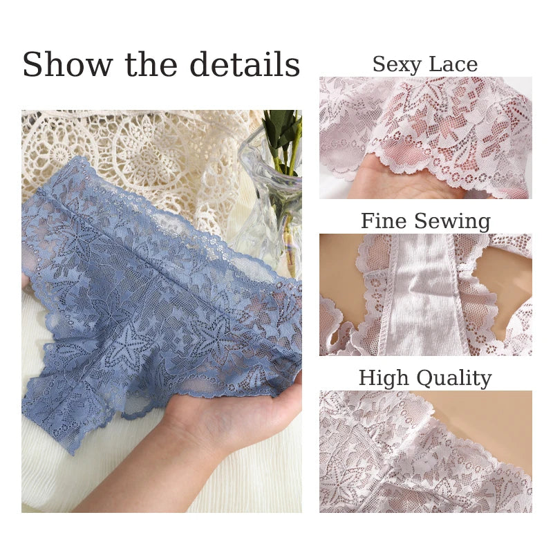 5PCS Women's Sexy Lace Star High Waist Thongs Solid Color Hollow Out Transparents Underwear Female Perspective G-strings S-XXL