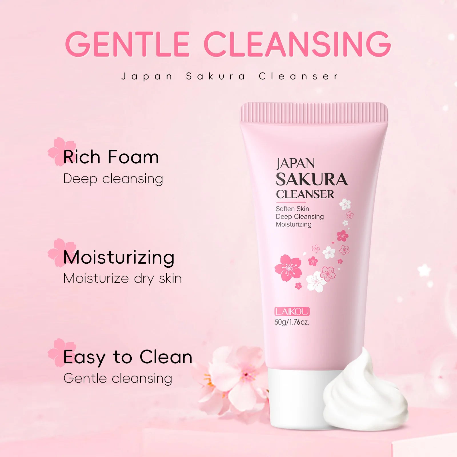 LAIKOU Sakura Facial Cleanser Foam Face Wash Remove Blackhead Moisturizing Shrink Pores Deep Cleaning Oil Control Skin Care 50g