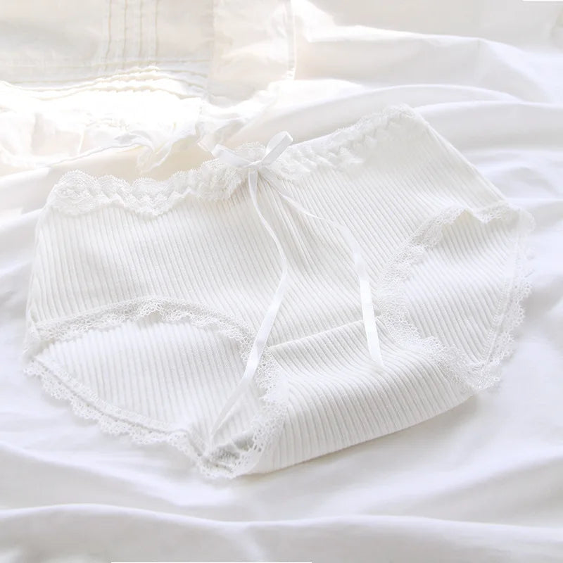 Women's Cotton Panties - White Lace, Seamless, 5 Pieces