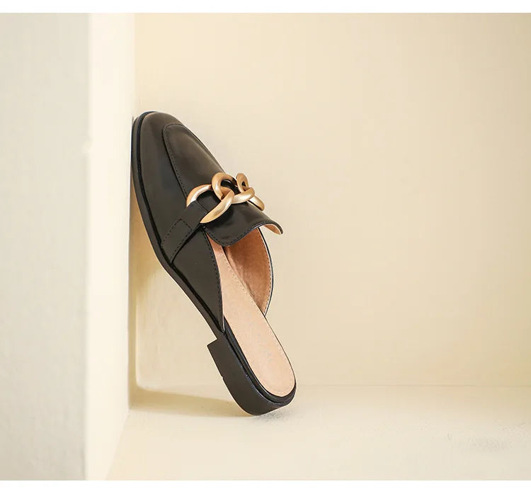 Women's Fashion Mules - Square Toe Black and White Chain