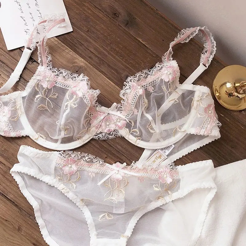 Women's Sexy White French Patterned Sheer Lace Bra