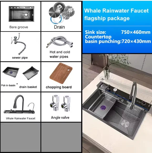 304 Stainless Steel Waterfall Kitchen Sink Large Single Slot Integrated Digital Display Faucet Set Soap Dispenser Cup Washer - Daisan Mart