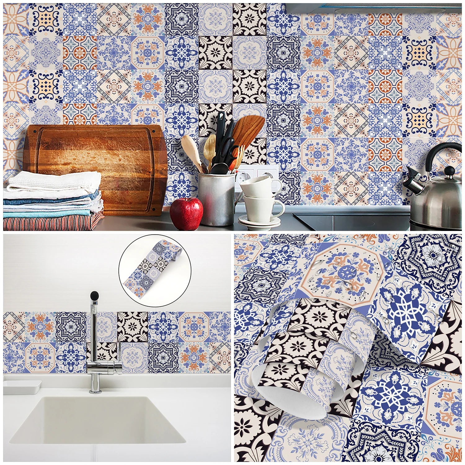 Bohemian Style Ceramic Tile Wall Sticker Bathroom Kitchen BackSplash Bathroom Waterproof Peel &amp; Stick Home Decor Art Wall Decals