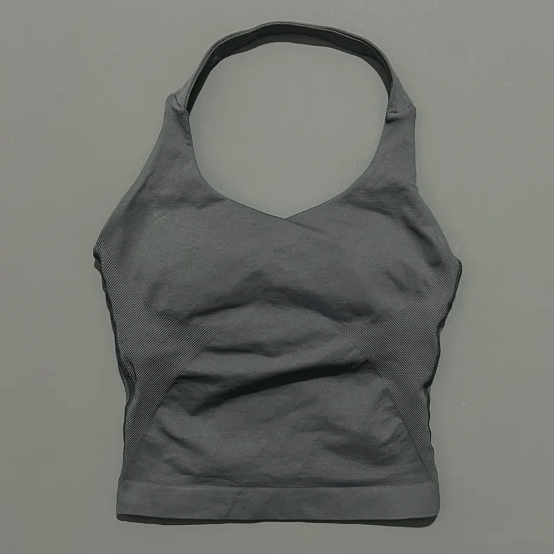No Logo Women Halter Top Longline Strappy Tank Padded Yoga Clothing Fitness Running Activewear Gym Workout Tops - Daisan Mart