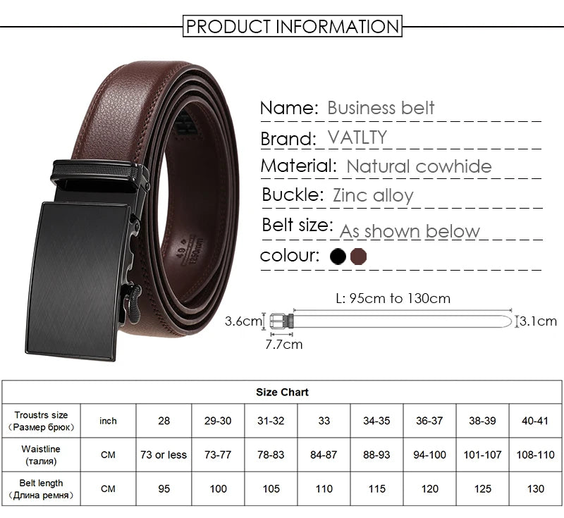 VATLTY Men's Cowhide Belt with Automatic Buckle 30mm High Quality