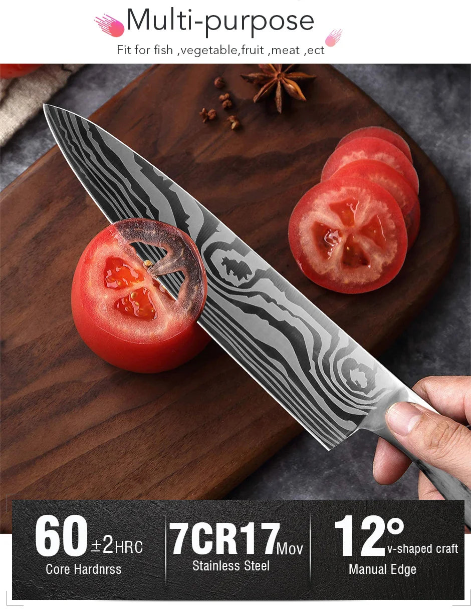 Bộ Dao Bếp Nhật Santoku 7Cr17 440C Vân Damascus