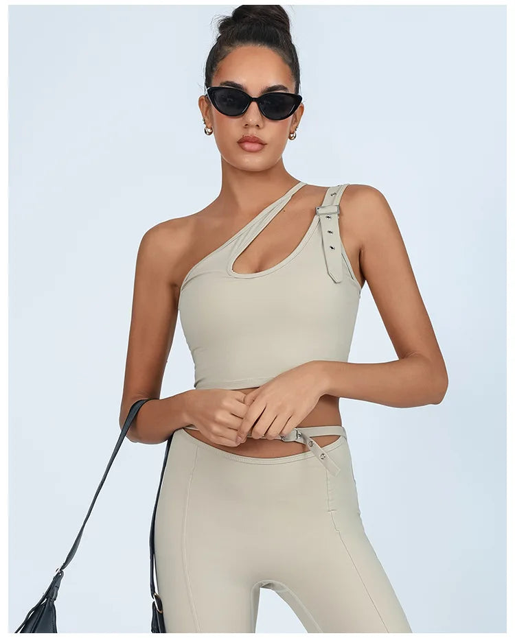 Yoga Tank Top with Built-in Bra Asymmetric Single Shoulder Quick-Dry Breathable High Elasticity Workout Gym Fitness Clothes - Daisan Mart