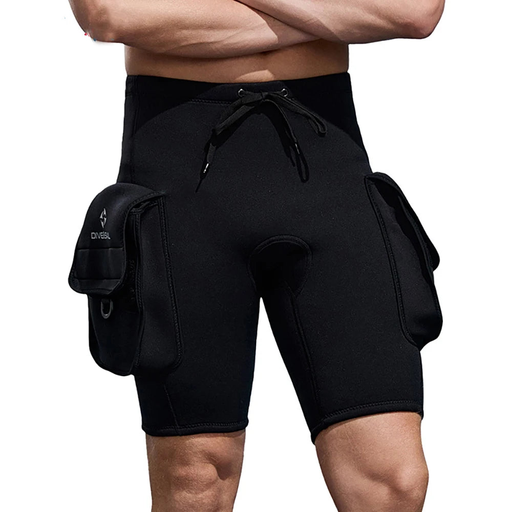 3mm Neoprene Wetsuit Tech Shorts Keep Warm Unisex Wetsuit Cargo Shorts D-Ring Buckle Leak Hole for Diving Equipment Accessories