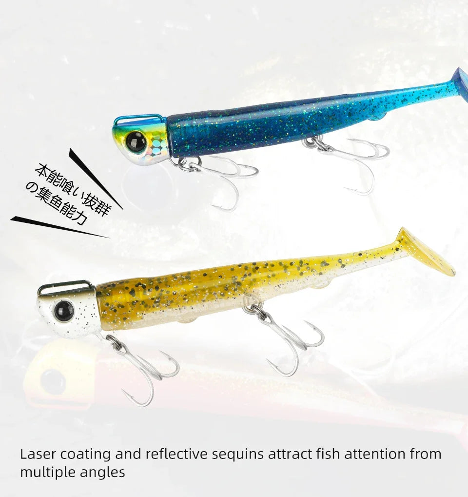 TSURINOYA Sinking Large Baits 110mm/35g Long Casting Jig Head T Tail Soft Lure Set 2pcs Tail Flounder Seabass Fishing Lure