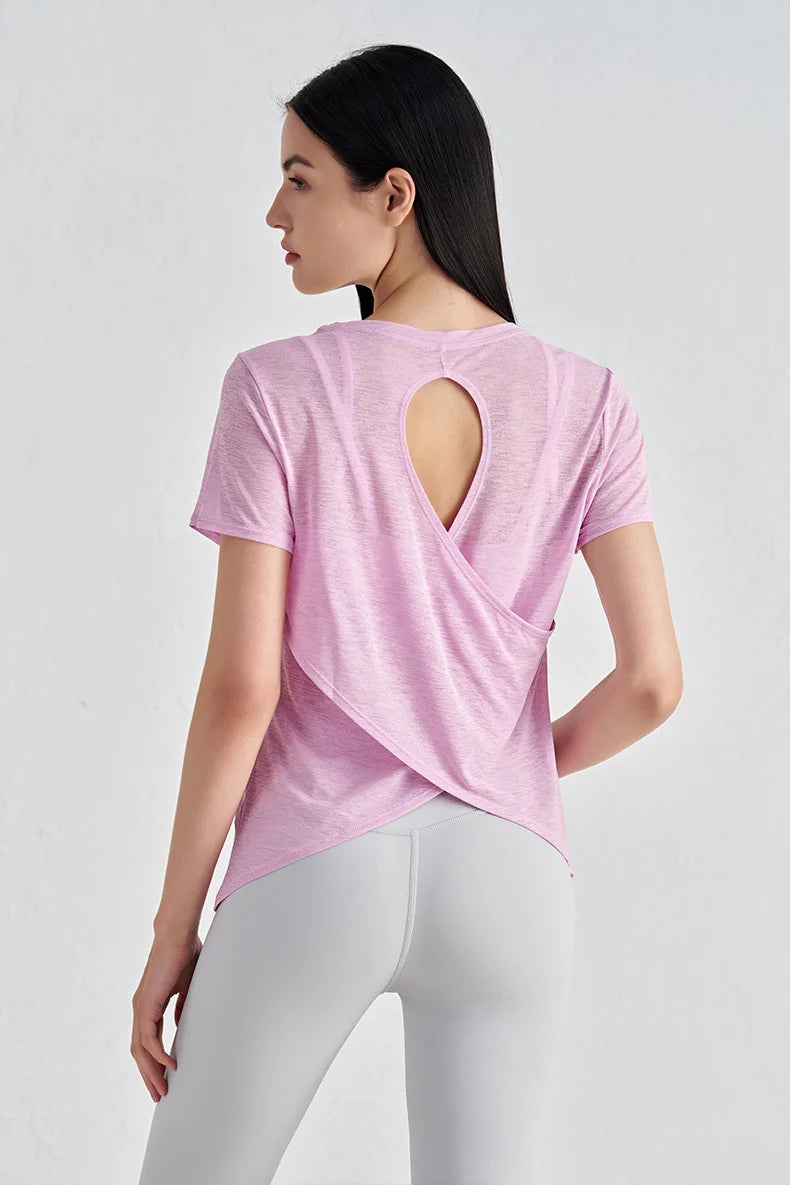 Áo Tập Gym Nữ Nylon Thoáng Mát Lưng Rỗng Ngắn Tay - Daisan Mart