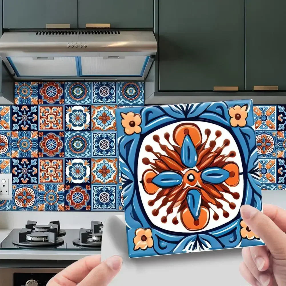24pcs Morocco Style Colorful Retro Tiles Wall Sticker Kitchen Bathroom Tile Waist Line Wallpaper PVC Waterproof Art Mural