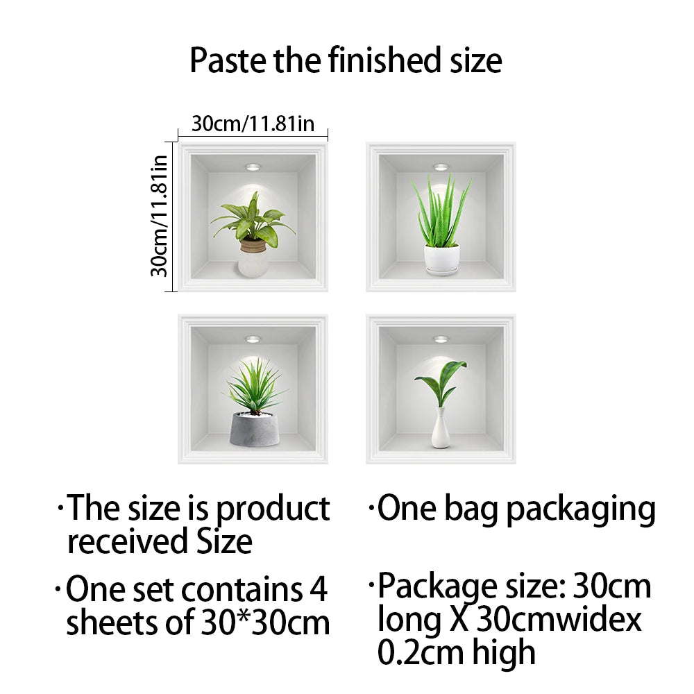 4pcs/set Simulated Plant Potted Plants Cabinet Decoration Wall Stickers Peel &amp; Stick Waterproof PVC Frameless Wall Art Mural