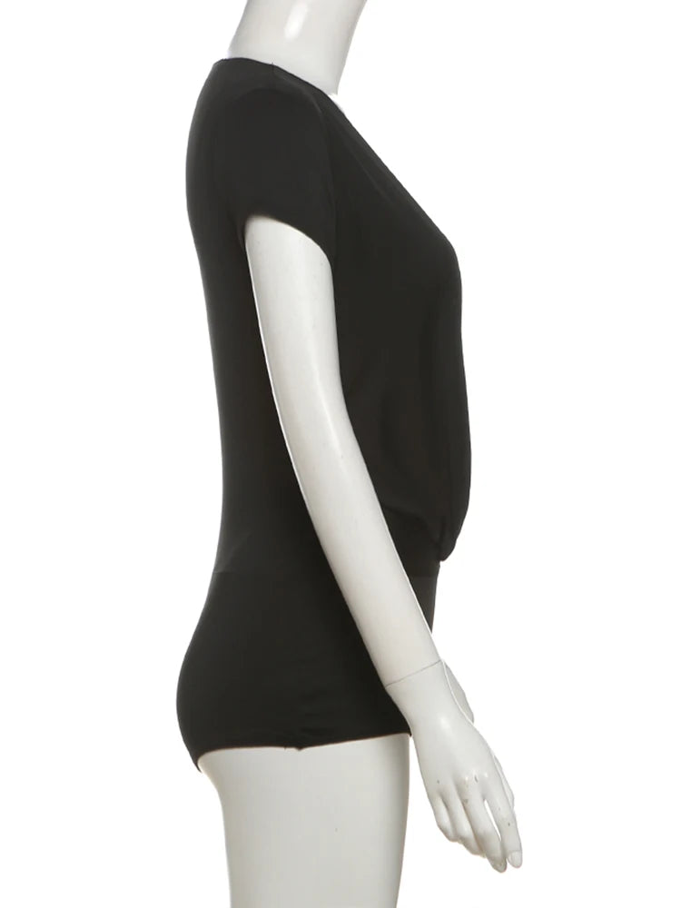 Nibber Deep v-Neck Bodysuits Women Folds Skinny High Elasticity Solid Simple Classic Sexy Midnight Summer Streetwear Outfits