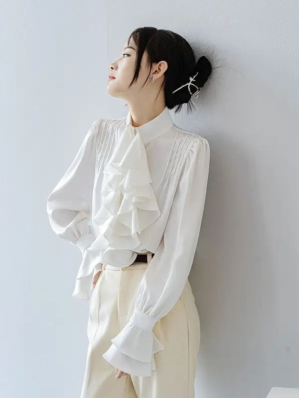 Office Lady Shirts for Women White Elegant Clothing All-match Fashion Korean Style High Street Chic Long Sleeve Spring Autumn - Daisan Mart