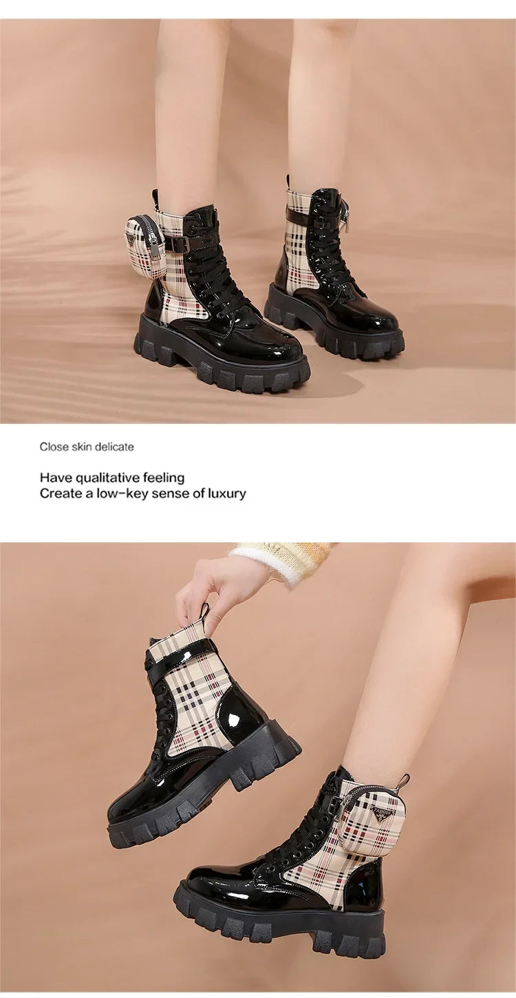 Women's Fashion Short Leather Boots with Thick Soles &amp; Zipper Pocket