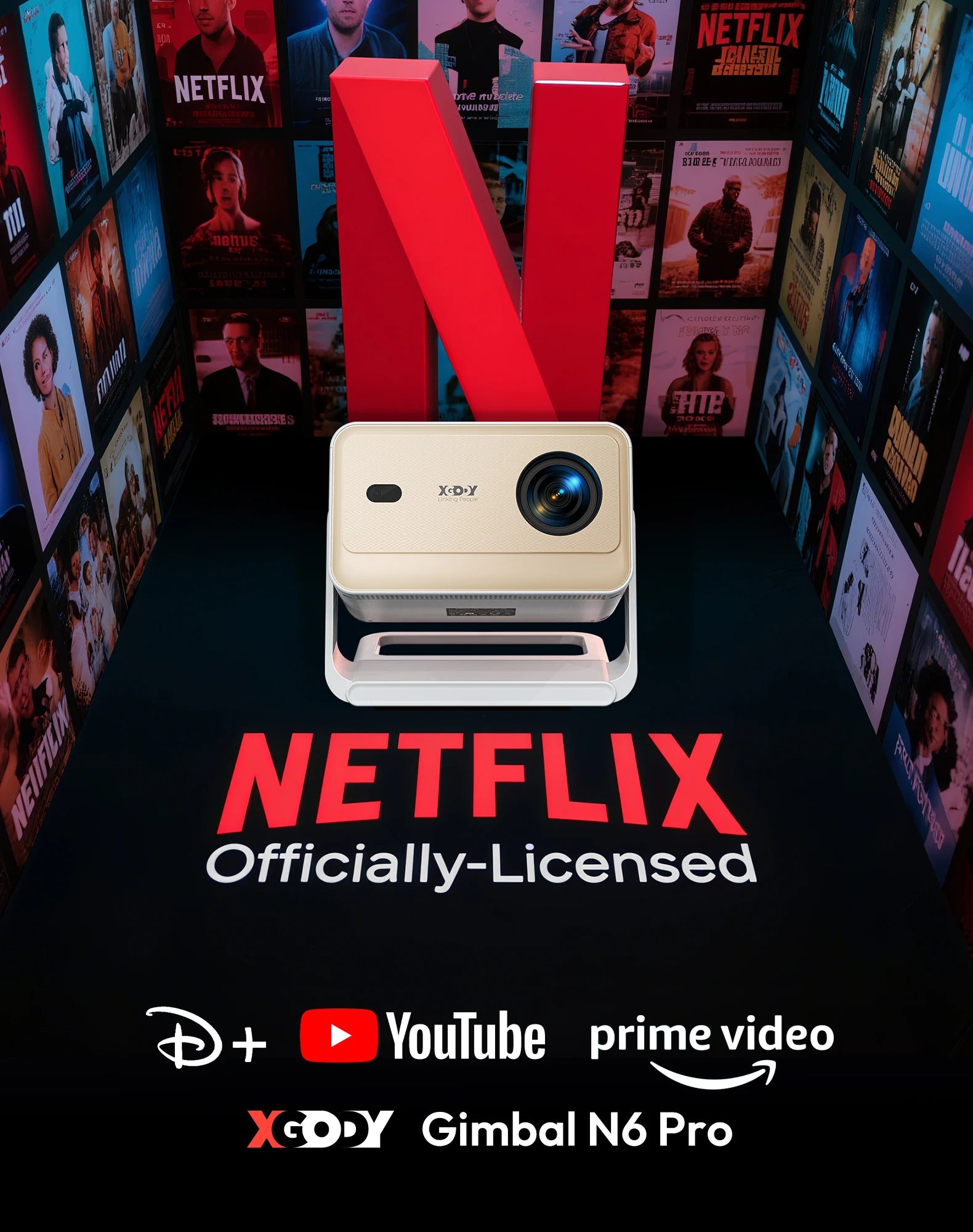XGODY Gimbal N6 Pro 4K Projector Netflix Officially 700 Ansi Native 1080P Auto Focus Whale OS TV for Movie Home Theater - Daisan Mart