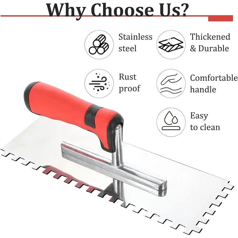 ABJI-For Wall Floor Tile Installation Kits 4-Piece Stainless Steel Trowel Set Square Notched Masonry Hand Tool