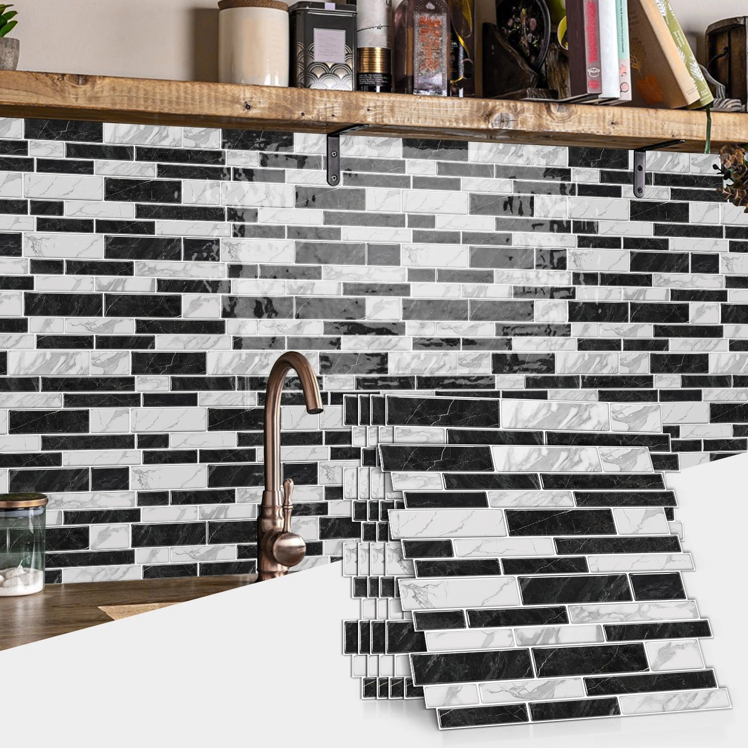 1/12pcs Classic Black And White Tile Marble Room Decoration Kitchen Living Room Waterproof Self-Adhesive Wall Sticker Detachable