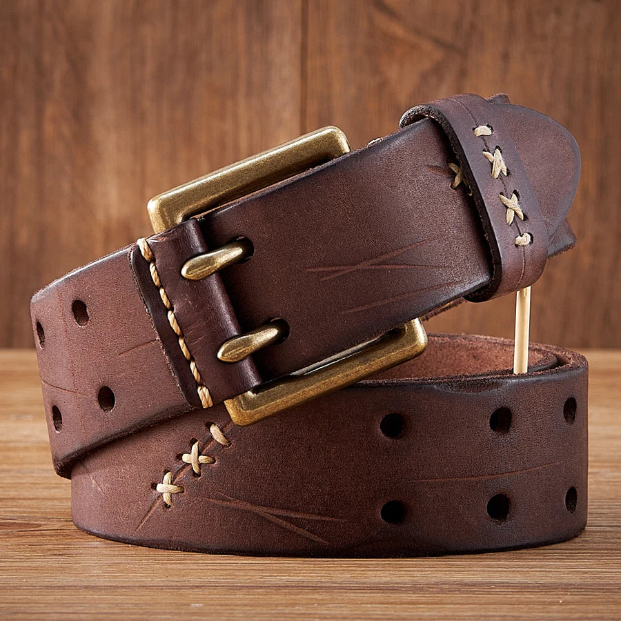 Men's military cowhide belt with double buckle, dusty style