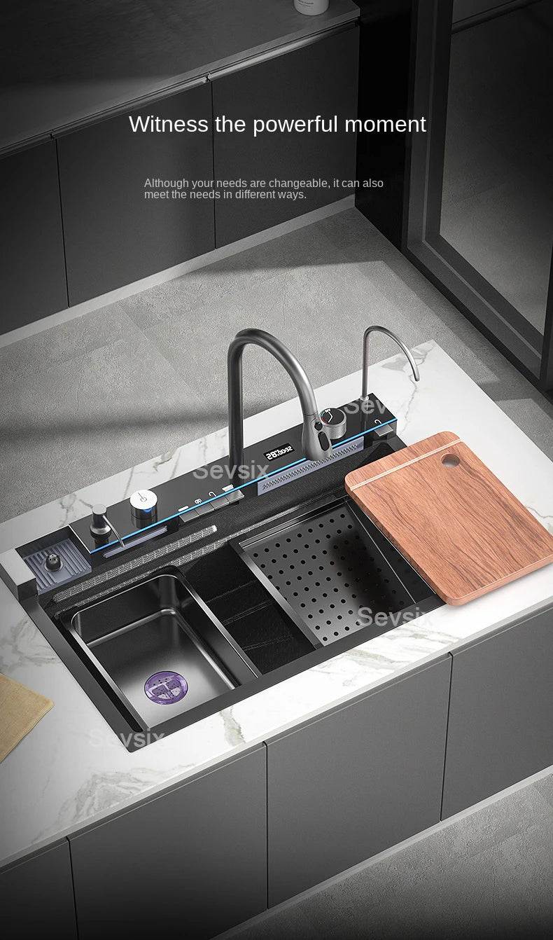 304 Stainless Steel Waterfall Kitchen Sink Large Single Slot Integrated Digital Display Faucet Set Soap Dispenser Cup Washer - Daisan Mart