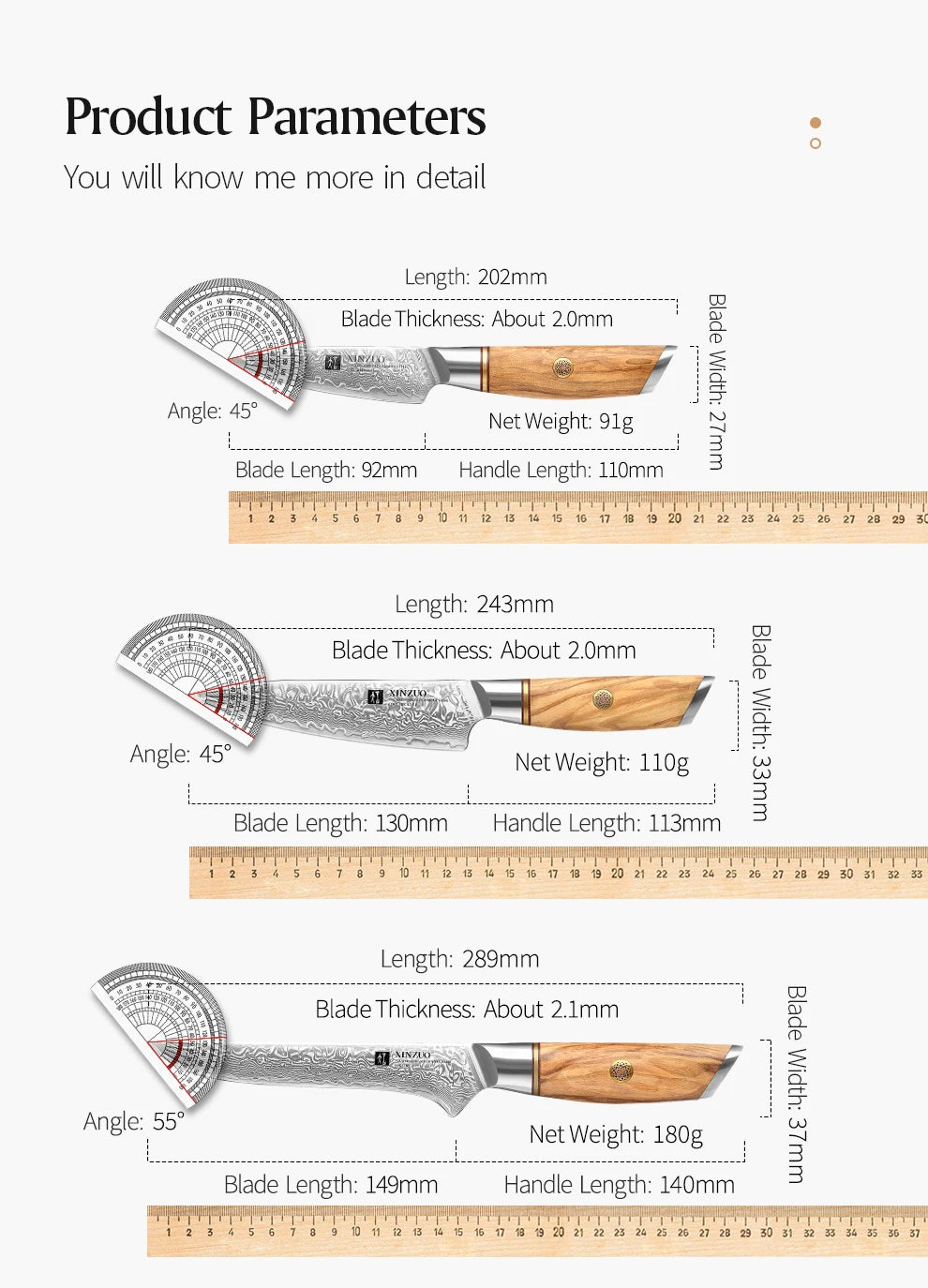 XINZUO 1-8pcs Kitchen Knife Set 73 Layers Custom Damascus Steel 15°±1 Per Side Steel Blade with Olive Wood Handle - Daisan Mart