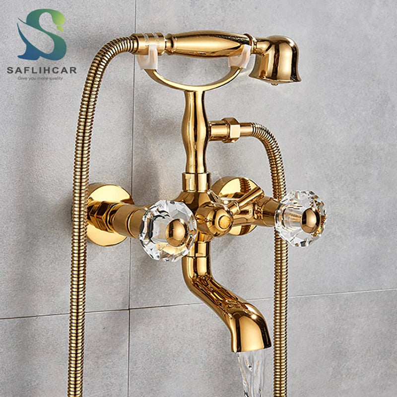Telephone Style Golden Waterfall Bathtub Faucet Bathroom Brass Bath Faucets Waterfall Rotatb Spout Hot&amp;Cold water Shower tap set