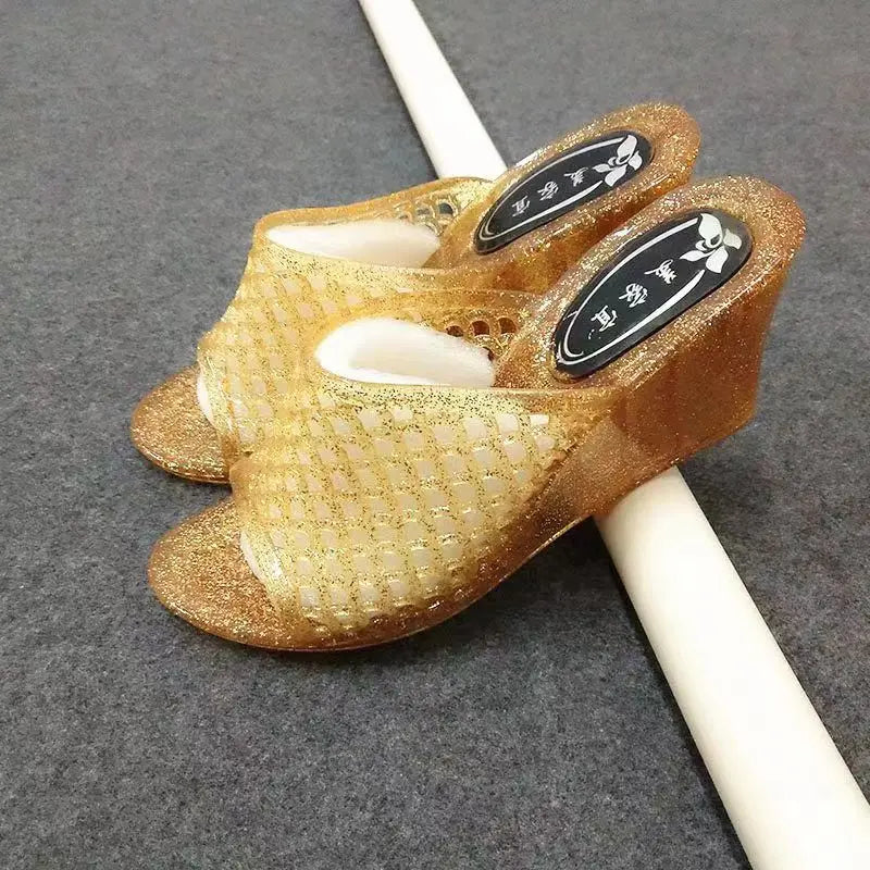 Summer Women's Causal One Word Slippers Soft Bottom Non Slip Slope Heeled Transparent Crystal Home Slippers Bathroom Slippers