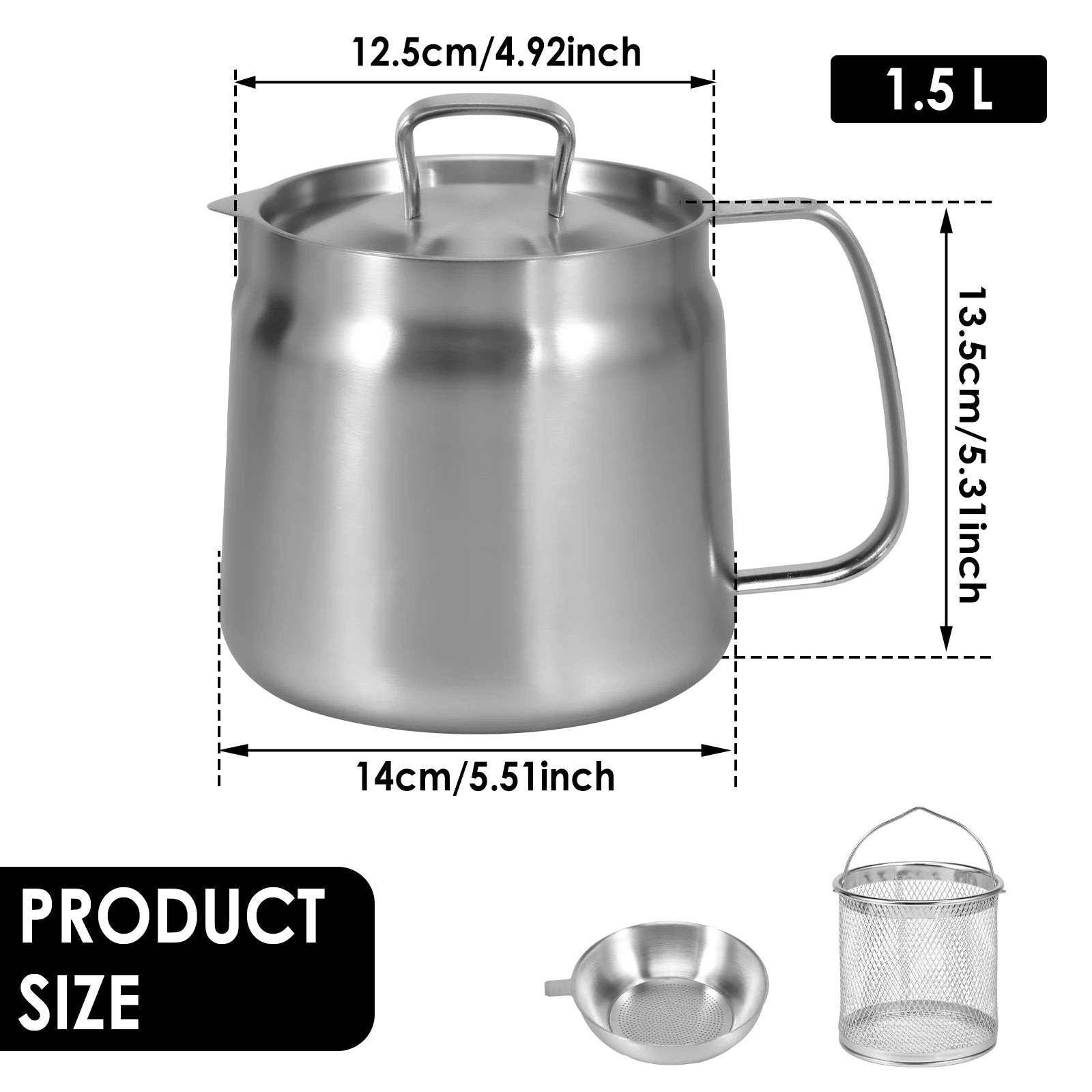 Oil Filter Pot 1.5L/2L Deep Fryer Pot with Basket Stainless Steel Deep Fryer Pasta Strainer Basket Chicken Fried Food Strainer