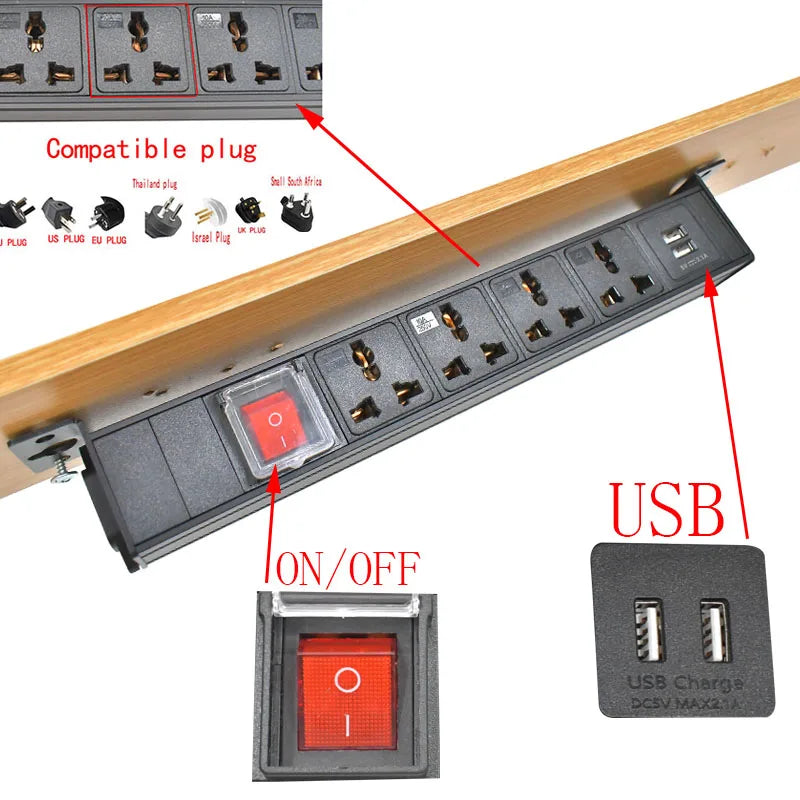 Ổ Cắm Tủ PDU Hợp Kim Nhôm 2USB, Công Tắc Đôi 1-9AC - Daisan Mart