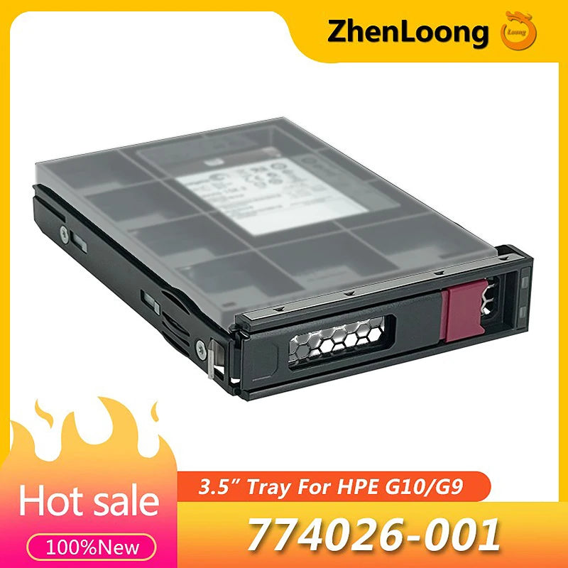 Khay ổ cứng 3.5 inch màu đen, mặt trước có lưới tổ ong và nút đỏ. Nền viền vàng.