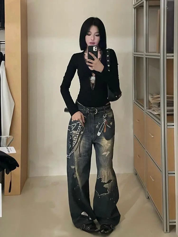 Gothic Black Lace Mesh Bodysuit for Women Y2K