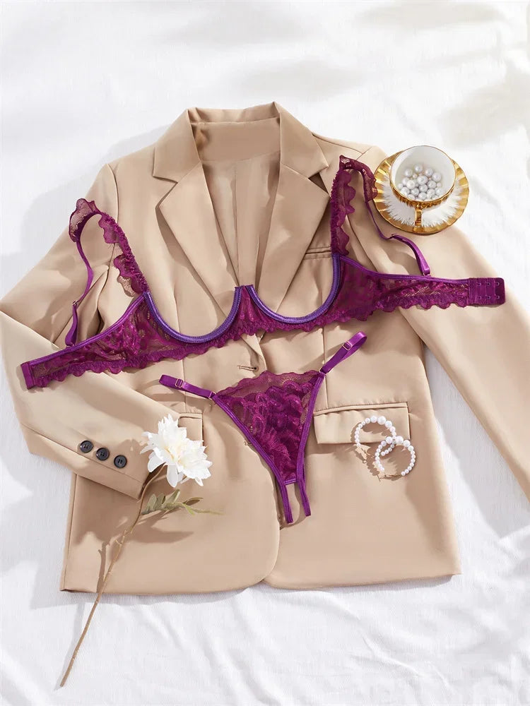 Women Lingerie Ultra Sexy Open Bra Thong Sets Delicate Lace Underwear Hollow Ultrathin Exotic Sets Crotchless Erotic Lingerie