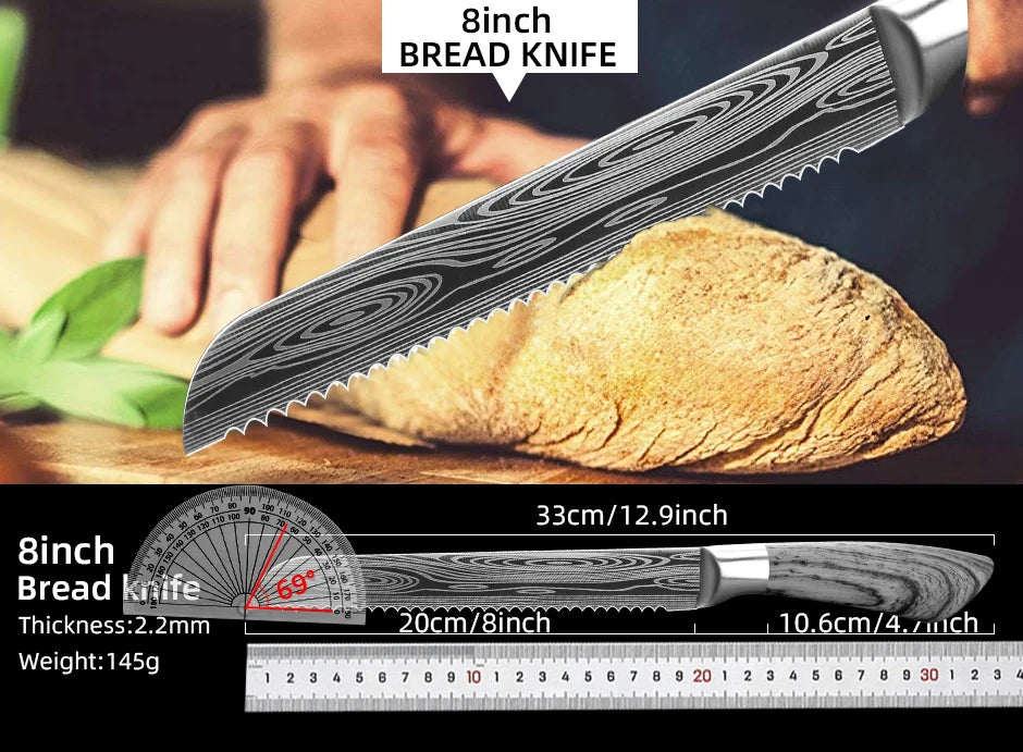 Bộ Dao Bếp Nhật Santoku 7Cr17 440C Vân Damascus